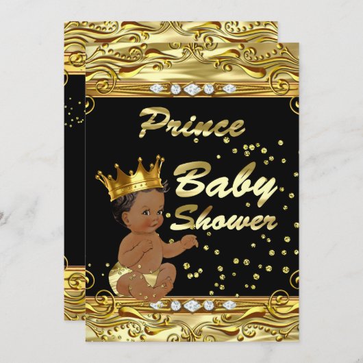 Prince Baby Dusche Black Gold Sprinkle Ethnic Einladung (Vorne/Hinten)