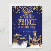 Prince Baby Dusche Blue Gold Carriage Glitzer Einladung (Vorderseite)