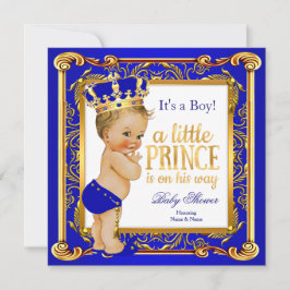 Prince Baby Dusche Damask Blue Gold Blonde Boy Einladung