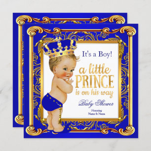 Prince Baby Dusche Damask Blue Gold Blonde Boy Einladung