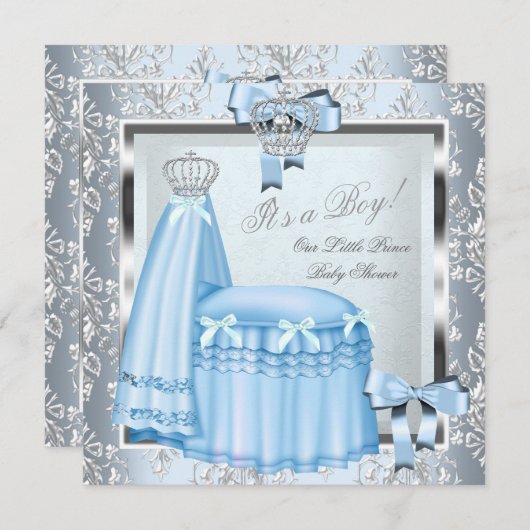 Prince Baby Shower Baby Boy Blue Damask Crown 4F Einladung (Vorne/Hinten)