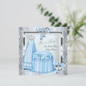 Prince Baby Shower Baby Boy Blue Damask Crown 4F Einladung (Stehend Vorderseite)