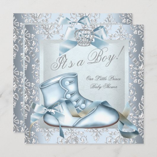 Prince Baby Shower Baby Boy Blue Damask Shoe 4E Einladung (Vorne/Hinten)