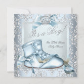 Prince Baby Shower Baby Boy Blue Damask Shoe 4E Einladung (Vorderseite)
