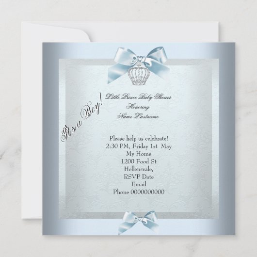 Prince Baby Shower Baby Boy Blue Damask Shoe Einladung (Rückseite)