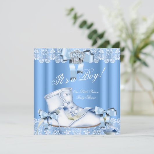 Prince Baby Shower Baby Boy Blue Leace Shoe 6a Einladung (Stehend Vorderseite)