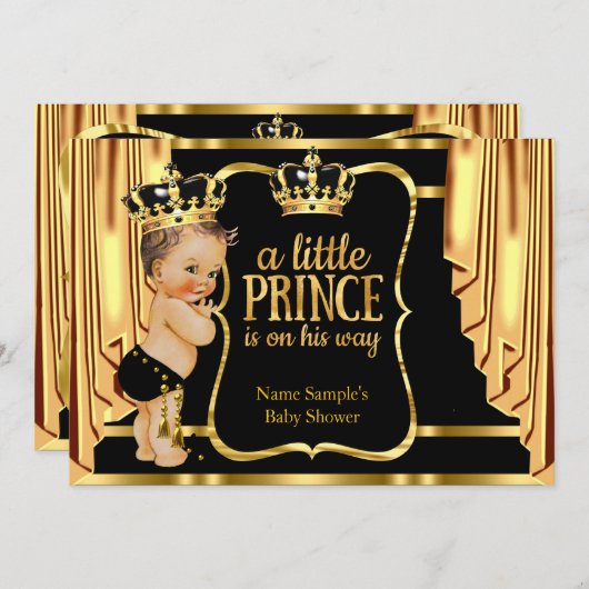 Prince Baby Shower Black Gold Drapes Brünett Einladung (Vorne/Hinten)