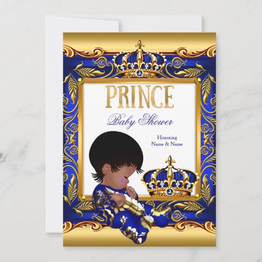 Prince Baby Shower Blue Gold African American Foil Einladung (Vorderseite)