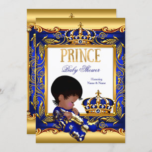 Prince Baby Shower Blue Gold African American Foil Einladung
