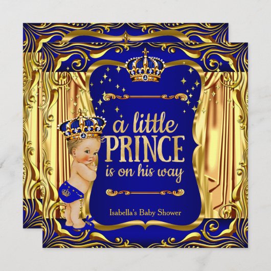 Prince Baby Shower Blue Gold Blonde Einladung (Vorne/Hinten)