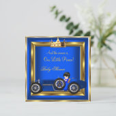 Prince Baby Shower Blue Gold Boy Racing Car Einladung (Stehend Vorderseite)