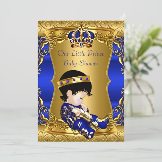 Prince Baby Shower Blue Gold Brünett Baby Boy Einladung (Stehend Vorderseite)