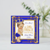 Prince Baby Shower Blue Gold Crown Brünett Boy Einladung (Stehend Vorderseite)