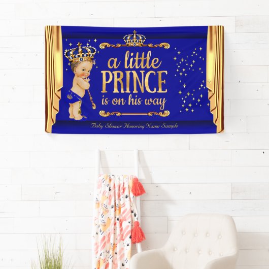 Prince Baby Shower Blue Gold Drapes Brünett Boy Banner (Insitu)