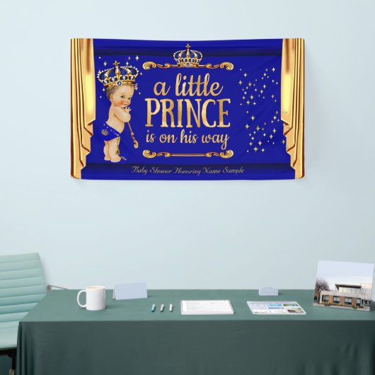 Prince Baby Shower Blue Gold Drapes Brünett Boy Banner (Messeveranstaltung)