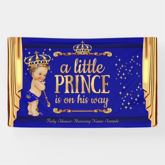 Prince Baby Shower Blue Gold Drapes Brünett Boy Banner (Horizontal)