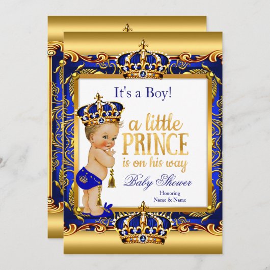 Prince Baby Shower Blue Verziert Gold Blonde Boy Einladung (Vorne/Hinten)