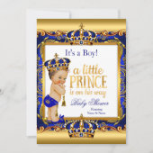 Prince Baby Shower Blue Verziert Gold Brünett Boy Einladung (Vorderseite)