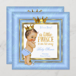 Prince Baby Shower Blue White Gold Crown Brünett Einladung
