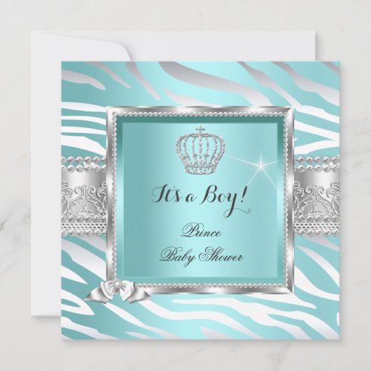 Prince Baby Shower Boy Aquamarin Blue Mint Zebra Einladung (Vorderseite)
