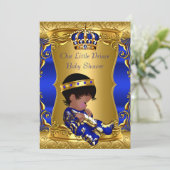 Prince Baby Shower Boy Blue Gold African American Einladung (Stehend Vorderseite)