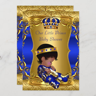Prince Baby Shower Boy Blue Gold African American Einladung