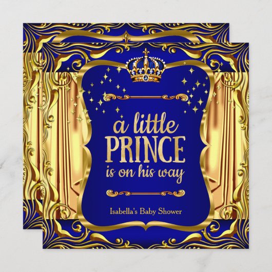 Prince Baby Shower Boy Blue Gold Einladung (Vorne/Hinten)