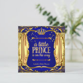 Prince Baby Shower Boy Blue Gold Einladung (Stehend Vorderseite)