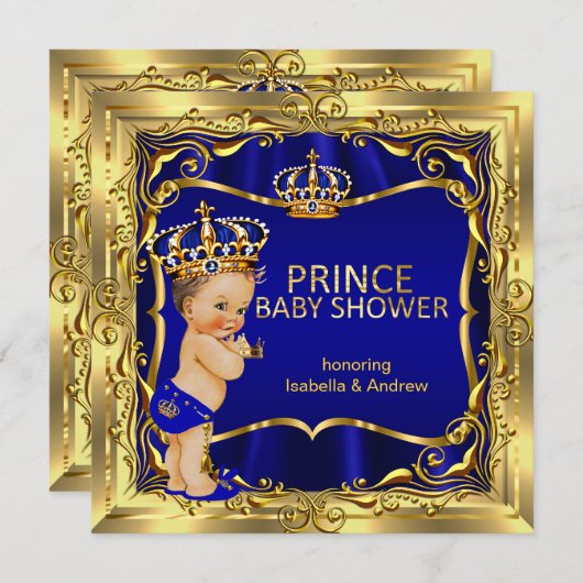 Prince Baby Shower Boy Blue Gold Einladung (Vorne/Hinten)