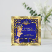 Prince Baby Shower Boy Blue Gold Einladung (Stehend Vorderseite)