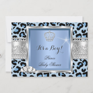 Prince Baby Shower Boy Blue Gray Leopard Einladung