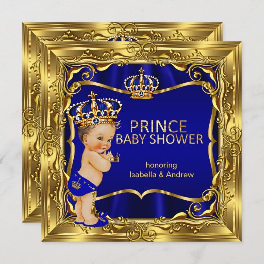 Prince Baby Shower Boy Blue Verziert Gold Einladung (Vorne/Hinten)