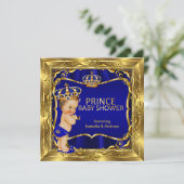 Prince Baby Shower Boy Blue Verziert Gold Einladung (Stehend Vorderseite)