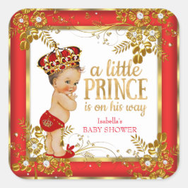 Prince Baby Shower Boy Red Gold White Brünett Quadratischer Aufkleber