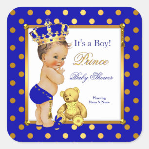 Prince Baby Shower Boy Royal Blue Gold Brünett Quadratischer Aufkleber