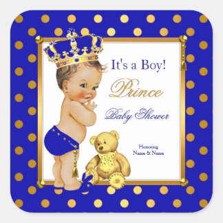 Prince Baby Shower Boy Royal Blue Gold Brünett Quadratischer Aufkleber