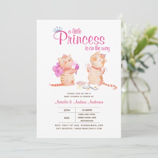 Prince Baby Shower Cats Kitten Girls Pink Niedlich Einladung (Stehend Vorderseite)