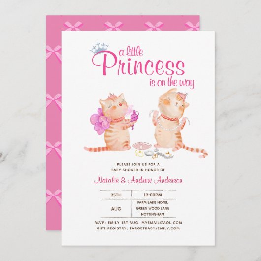 Prince Baby Shower Cats Kitten Girls Pink Niedlich Einladung (Vorne/Hinten)