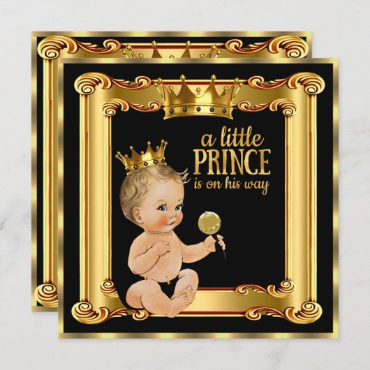 Prince Baby Shower Gold Imitate Foil Black Blonde Einladung (Vorne/Hinten)