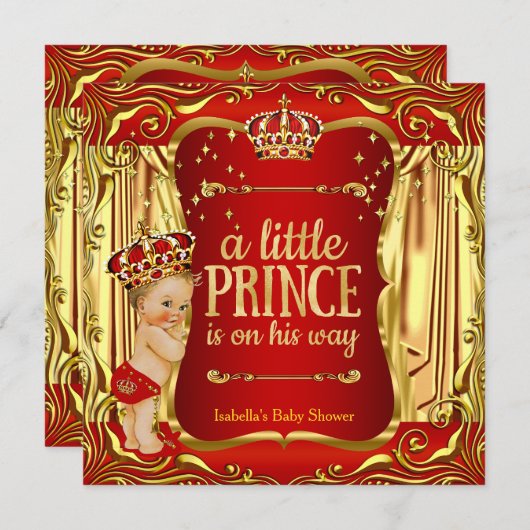 Prince Baby Shower Red Gold Boy Blonde Einladung (Vorne/Hinten)