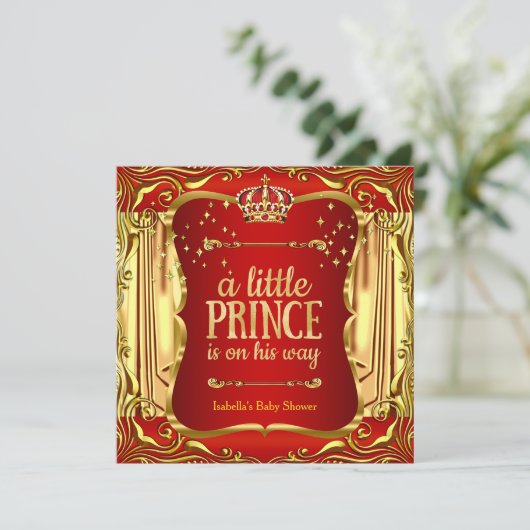 Prince Baby Shower Red Gold Boy Einladung (Stehend Vorderseite)