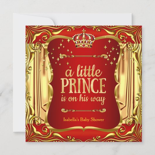 Prince Baby Shower Red Gold Boy Einladung (Vorderseite)