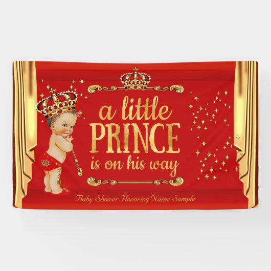Prince Baby Shower Red Gold Drapes Brünett Boy Banner (Horizontal)