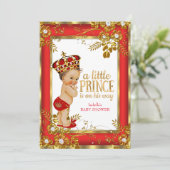 Prince Baby Shower Red Gold White Brünett Boy Einladung (Stehend Vorderseite)