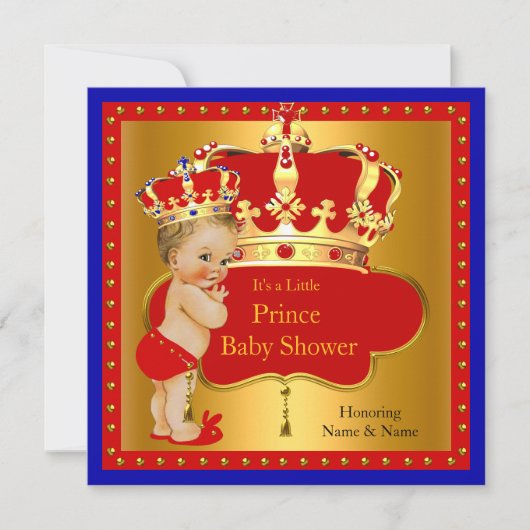 Prince Baby Shower Red Royal Blue Boy Crown Blonde Einladung (Vorderseite)