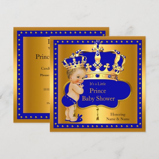 Prince Baby Shower Royal Blue Boy Crown Blonde Einladung (Vorne/Hinten)