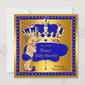 Prince Baby Shower Royal Blue Boy Crown Blonde Einladung (Vorderseite)