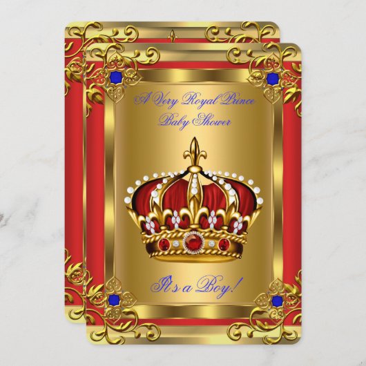 Prince Baby Shower Royal Blue Boy Regal Red Gold Einladung (Vorne/Hinten)