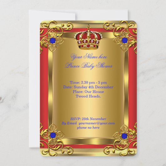 Prince Baby Shower Royal Blue Boy Regal Red Gold Einladung (Rückseite)