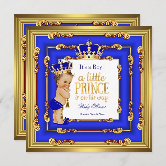 Prince Baby Shower Royal Blue Frame Brünett Einladung (Vorne/Hinten)
